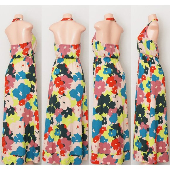 Jessica Simpson Vibrant Bold Colorful Floral Halter Neck Boho Long Maxi Dress 4 - Picture 15 of 16